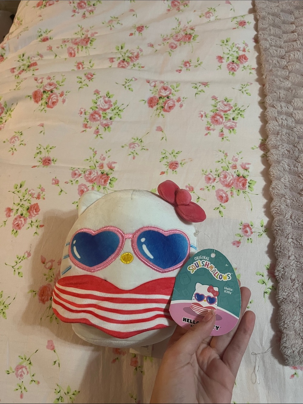 Hello Kitty White Plush with Pink Bow and Blue Heart Sunglasses